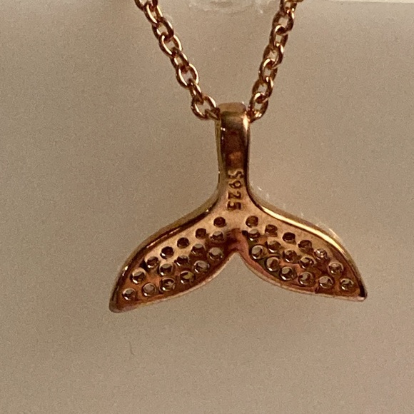 NWOT - 925 Silver Rose Goldtone Plated & Crystal Whale Tail Pendant Necklace - Picture 4 of 7